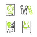 Set line Abacus, Board with graph chart, Paper clip and World map on school blackboard icon. Vector Royalty Free Stock Photo