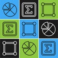 Set line Abacus, Chalkboard with diagram and Geometric figure Square icon. Vector