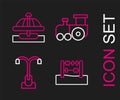 Set line Abacus, Street light, Toy train and Attraction carousel icon. Vector