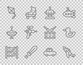 Set line Abacus, Toy plane, Robot toy, Sword, Kite, Ray gun, car and Rubber duck icon. Vector