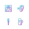 Set line Abdominal bloating, Medical thermometer, Lungs x-ray and Deaf. Gradient color icons. Vector