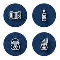 Set line Accordion, Beer bottle with clover, Pot of gold coins and rainbow with long shadow. Blue circle button. Vector