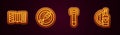 Set line Accordion, Dried fish, Bottle opener and Beer bottle and wooden barrel. Glowing neon icon. Vector