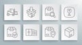 Set line ackage box with check mark, Carton cardboard, Container, Location, Search package, Fragile broken glass and