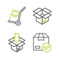 Set line ackage box with check mark, Carton cardboard, Unboxing and Hand truck and boxes icon. Vector