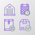 Set line ackage box with check mark, Delete envelope, Cardboard calendar and Warehouse icon. Vector