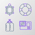 Set line Action camera, Aqualung, Lifebuoy and Turtle icon. Vector