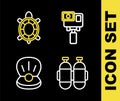 Set line Action extreme camera, Aqualung, Pearl and Turtle icon. Vector