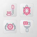 Set line Action extreme camera, Photo for diver, Turtle and Snorkel icon. Vector Royalty Free Stock Photo