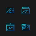Set line Action extreme camera, Photo frame, retouching and . Gradient color icons. Vector