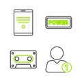 Set line Add to friend, Retro audio cassette tape, Power button and Tablet icon. Vector Royalty Free Stock Photo