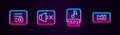 Set line Add to playlist, Speaker mute, MP3 file and Pause button. Glowing neon icon. Vector Royalty Free Stock Photo