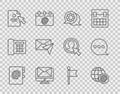 Set line Address book, Earth globe with mail, Speech bubble chat, Monitor and envelope, Document cursor, Envelope