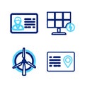 Set line Address book, Rotating wind turbine, Solar energy panel and Identification badge icon. Vector Royalty Free Stock Photo