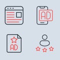 Set line Advertising, Consumer product rating and icon. Vector