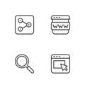 Set line Advertising, Magnifying glass, Share and Browser window icon. Vector