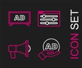 Set line Advertising, Megaphone, Browser setting and icon. Vector Royalty Free Stock Photo