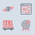 Set line Advertising, Office folders, Target financial goal and Money exchange icon. Vector