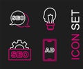 Set line Advertising, SEO optimization, Light bulb with concept of idea and icon. Vector