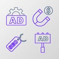Set line Advertising, SEO optimization, Magnet with money and icon. Vector