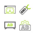 Set line Advertising, SEO optimization and Website statistic icon. Vector