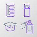 Set line Aftershave bottle with atomizer, Mustache and beard, Shaving gel foam and Hairbrush icon. Vector