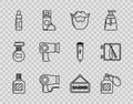 Set line Aftershave, Mustache and beard, Hair dryer, Glass bottle with pipette, Barbershop and razor icon. Vector