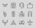 Set line Aircraft steering helm, Plane, Headphones with microphone, propeller, Drone flying, Mobile ticket, Fuel tanker