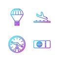 Set line Airline ticket, Compass, Box flying on parachute and Plane landing. Gradient color icons. Vector
