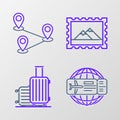 Set line Airline ticket, Suitcase for travel, Postal stamp and Mountains and Route location icon. Vector