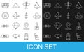 Set line Airplane seat, Pilot, Suitcase, Plane, Helicopter landing pad, Fuel tanker truck and Rocket icon. Vector