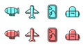 Set line Airplane window, Airship, Plane and Suitcase icon. Vector