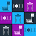 Set line Airport control tower, Metal detector in airport and Airline ticket icon. Vector