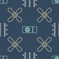 Set line Airport runway, Plane propeller and Airline ticket on seamless pattern. Vector