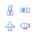 Set line Airship, Plane, Stewardess and Airline ticket. Gradient color icons. Vector Royalty Free Stock Photo