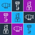 Set line Airship, Stewardess and Aircraft steering helm icon. Vector