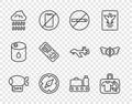 Set line Airship, Suitcase, No Smoking, Compass, Cloud with rain, Airline ticket, Conveyor belt suitcase and Aviation