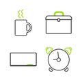 Set line Alarm clock, Chalkboard, Briefcase and Coffee cup icon. Vector