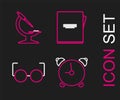 Set line Alarm clock, Glasses, Notebook and Microscope icon. Vector