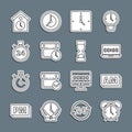 Set line Alarm clock, Clock AM, on laptop, Calendar and, Stopwatch 24 hours, Retro wall and Old hourglass icon. Vector Royalty Free Stock Photo
