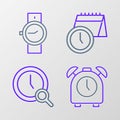 Set line Alarm clock, Magnifying glass with, Calendar and and Wrist watch icon. Vector