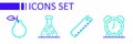 Set line Alarm clock, Ruler, Test tube and Pear icon. Vector