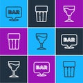 Set line Alcohol bar location, Wine glass and Glass with water icon. Vector