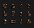 Set line Alcohol or beer bar location, Shot glass, Wooden barrel, Whiskey bottle, and, Wine, and Cocktail icon. Vector Royalty Free Stock Photo