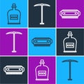 Set line Alcohol drink Rum bottle, Harmonica and Pickaxe icon. Vector