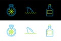 Set line Alcohol drink Rum, Compass and Shark fin ocean wave icon. Vector