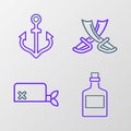 Set line Alcohol drink Rum, Pirate bandana for head, Crossed pirate swords and Anchor icon. Vector