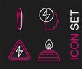 Set line Alcohol or spirit burner, High voltage sign, Head and electric symbol and Tweezers icon. Vector