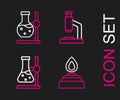 Set line Alcohol or spirit burner, Test tube flask on stand, Microscope and icon. Vector