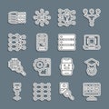 Set line Algorithm, Graduation cap, Processor CPU, Neural network, Mobile phone, Binary code and Server, Data icon Royalty Free Stock Photo